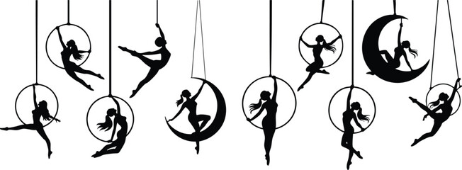 Aerial Silhouettes: Lyra and Crescent Moon Poses, fitness, woman, silhouette. © naeem