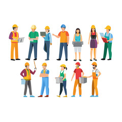 set of male and female builders and construction workers in helmets. Vector flat illustration of diverse people working in building industry, men and women architect, painter, engineers and ... See Mo