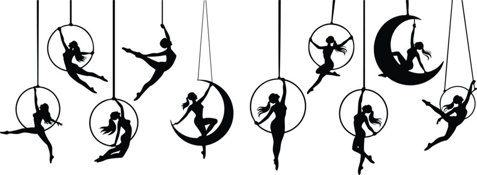 Aerial Silhouettes: Lyra and Crescent Moon Poses, fitness, woman, silhouette.