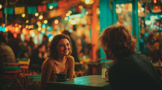 Genuine Connection Between Two Young People Smiling and Conversing at a Vibrant, Colorful Cafe Table with Warm String Lights in the Background