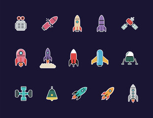Space travel and exploration rocket vector sticker collection. Set of various rockets, satellites, spacecraft, missile, and lunar lander cartoon icons. © Zhangxiao