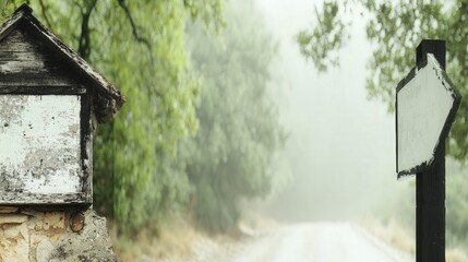 A weathered wooden signpost marks a quiet dirt road disappearing into a misty forest, capturing a moody invitation toward adventure and the unknown.