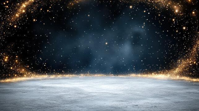 Sparkle gold night sky stage starry night glitter border snowy floor cosmic background - Powered by Adobe