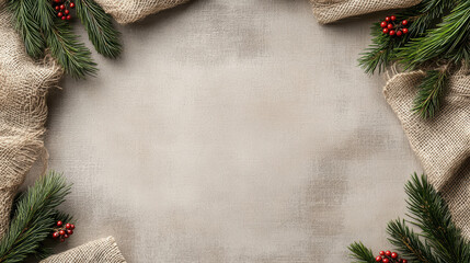 Neutral beige canvas with festive pine branches and red berries, rustic burlap frame evokes cozy