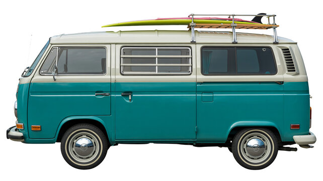 Vintage surf van with surfboard on roof rack, ready for adventure