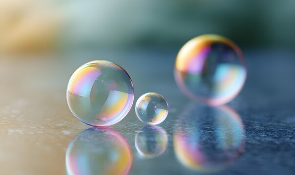 Close-up of transparent bubbles on reflective surface with dramatic lighting