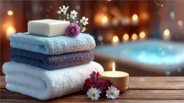 Luxurious spa retreat scene with soft towels, soap, and glowing candles for relaxation, self-care, and wellness promotion. Beautiful and calming ambiance.