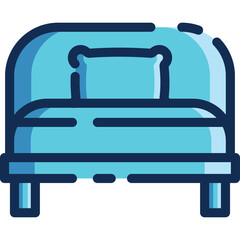 Stylized Light Blue Bed Icon With Dark Blue Outline Against Transparent Background representing Furniture and Sleep