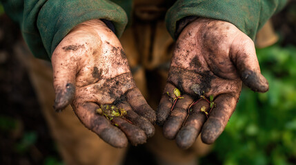Soil-covered hands holding green seedlings, symbolizing new hope in agricultural labor and natural life themes, ideal for pastoral designs and eco-friendly promotions