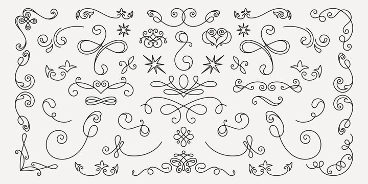 Vector set. Elegant black decorative swirls and flourishes on a white background. Swirls and flourishes create a vintage, ornamental design. Perfect for elegant decor. Hand drawn ornament vector set.