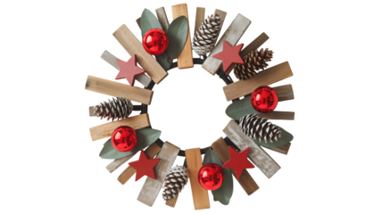 Rustic festive wreath with pinecones, red ornaments, and stars