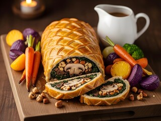 Mushroom Wellington with vegetables and gravy boat on wooden board