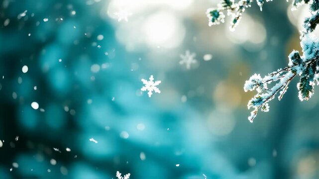 Enchanting winter scene with falling snow and delicate snowflakes against a blurred teal backdrop