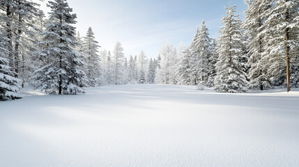 Naklejka premium Pale winter white glow with pine silhouettes at edges, serene snowy forest clearing in soft light