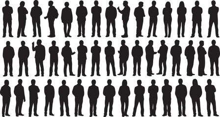 Set of people silhouettes diverse standing poses in black vector illustration for design elements