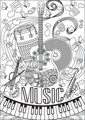 Musical Coloring Page For Adult Music Instruments Printable Guitar Drum Line Art Vector
