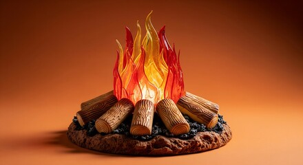 A cake shaped like a campfire, with realistic sugar flames and biscuit “logs,” isolated on an orange background.