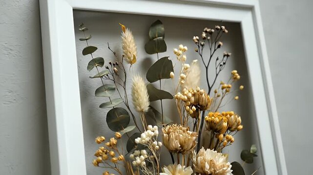 Beautiful Dried Flower Arrangement in a White Shadow Box Frame.