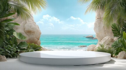 Beachfront podium with tropical foliage