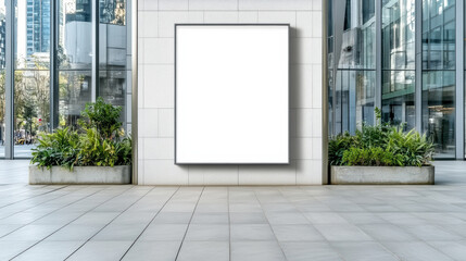 Blank outdoor billboard mockup on modern building wall with greenery and reflective glass facade