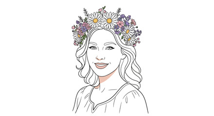 Elegant woman adorned with a delicate floral crown, beauty in simplicity line art illustration