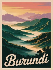 Majestic mountains and valleys of Burundi can be seen under a colorful sunset. The calm river winds through lush greenery, creating a peaceful and scenic atmosphere.