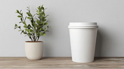 Obraz premium White paper drink cup mock up smooth matte tones blank cup next to potted plant wooden surface