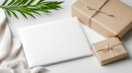 White parcel mailer mockup on minimalist table with wrapped kraft gifts and green leaf