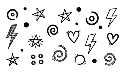 Hand Drawn Doodle Elements Circles Stars Lightning Bolts Hearts and Dots on White Background Keywords: doodle, hand drawn, sketch, drawing, illustration, element, icon, symbol, circle, star