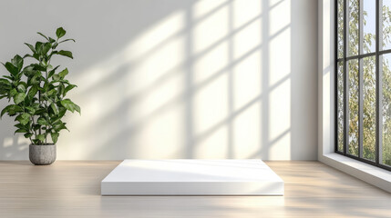 White rectangular box mock up on wooden floor with soft sunlight and minimal calm mood