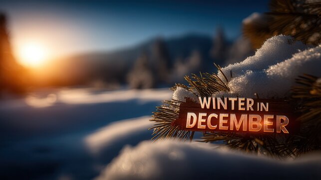 Dreamy winter scene with a sign that reads Winter in December and a warm sunrise, perfect for greeting cards or holiday promotions