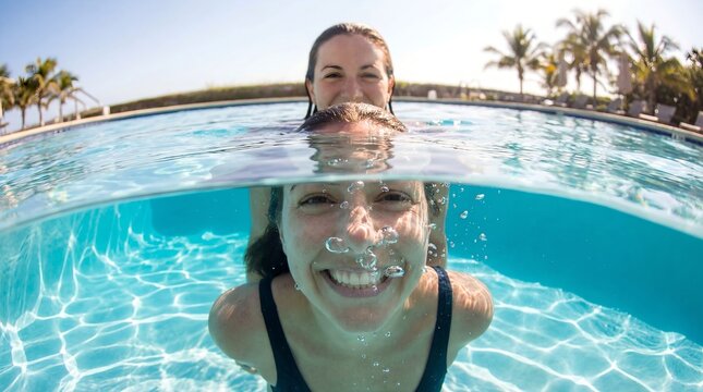 Two happy friends smiling in a swimming pool with a split view showing one woman underwater and one above the surface on a sunny day