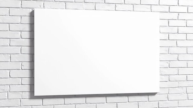 Blank white canvas mounted on a textured white brick wall.