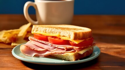 Delicious Ham and Cheese Sandwich with Fresh Tomatoes and Toasted Bread on a Plate with Coffee.