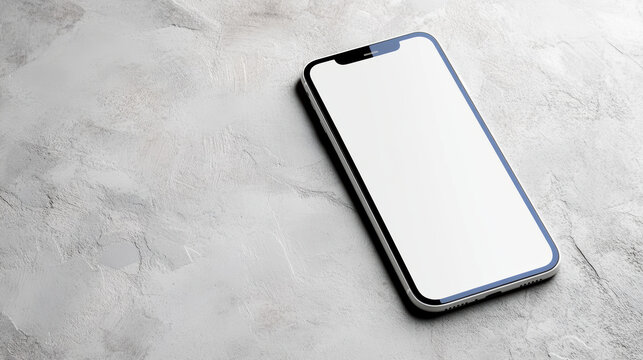 White smartphone mockup blank screen on textured concrete surface with soft shadow