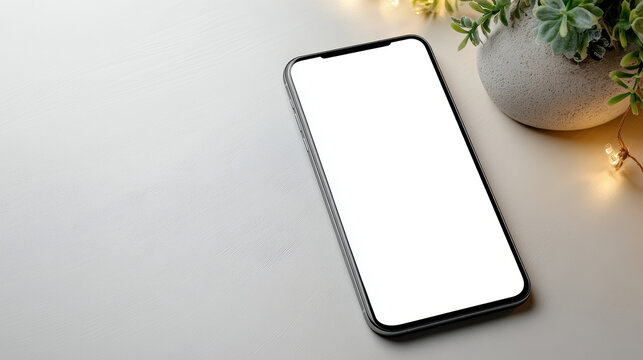 Blank smartphone mockup on white desk with succulent and warm fairy lights - Powered by Adobe