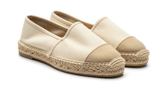 Pair of beige leather espadrille shoes with braided jute soles on a white background