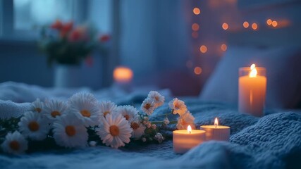 Cozy Evening Ambiance with Candles, Flowers, and Soft Lighting for Relaxation