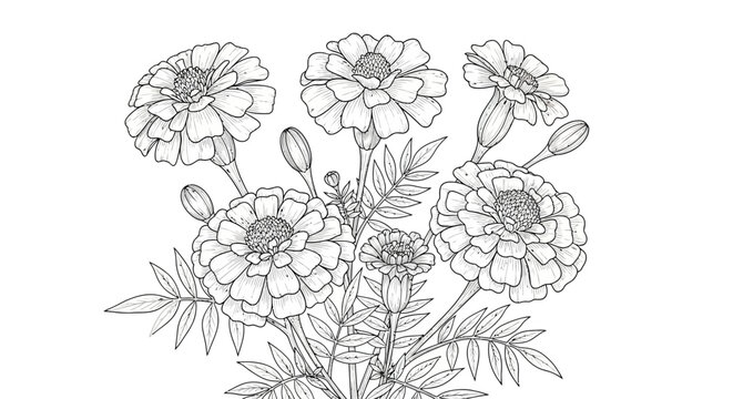 Elegant marigold flowers botanical drawing with intricate detailing in a linear style