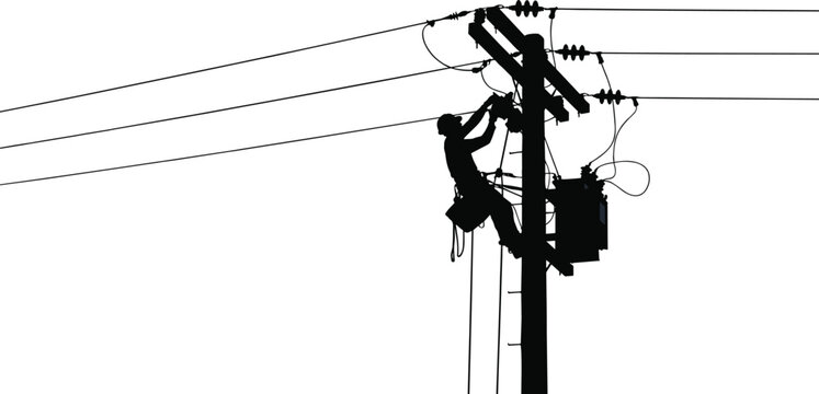 Electrician silhouette climbing on power pole to repair lines, vector illustration of utility worker maintaining high voltage infrastructure with transformer