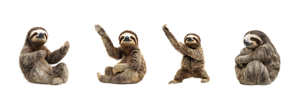 Collection of Sloth interacting Moves slowly to interact with other sloths or animals. full length isolate on transparent background