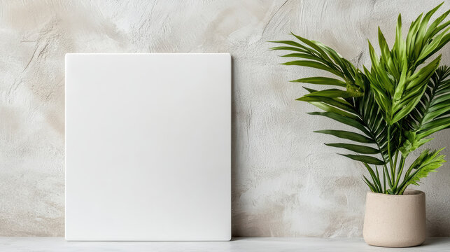 White tablet mock up placed on soft tone background with potted green plant