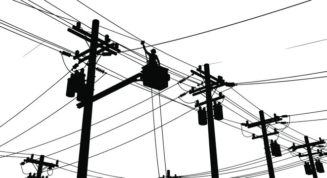 Electrician silhouette in bucket truck repairing power lines on utility pole, vector illustration of lineman maintaining high voltage electricity distribution 