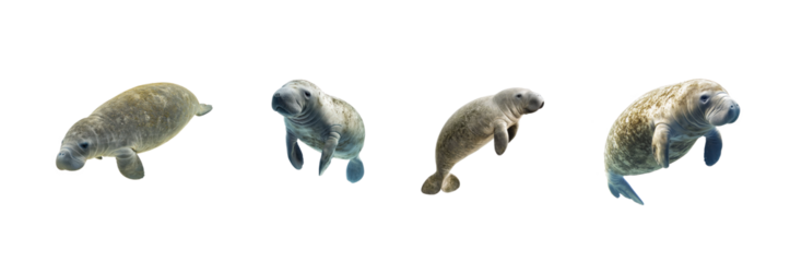 Collection of Manatee exploring Moves slowly through its environment, looking for food or shelter. full length isolate on transparent background