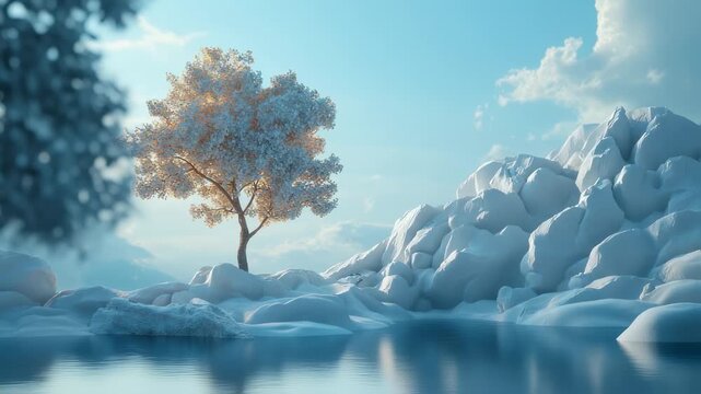 Serene winter landscape with snow-covered trees and icy formations reflecting in the water,