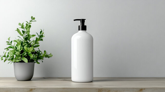 White pump bottle on wooden table with green potted plant evoking clean bathroom aesthetic