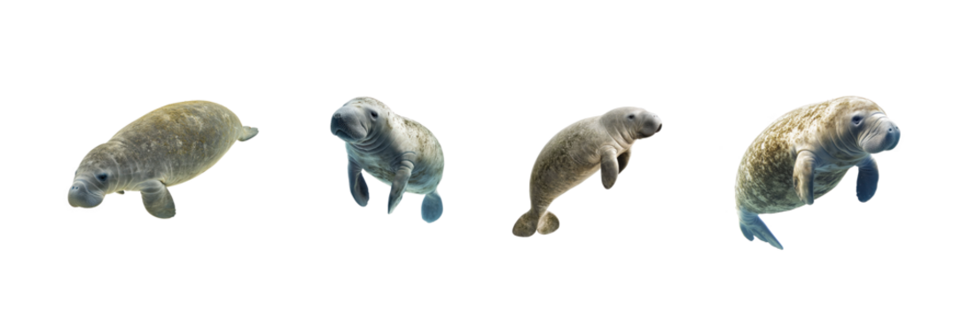 Collection of Manatee exploring Moves slowly through its environment, looking for food or shelter. full length isolate on transparent background