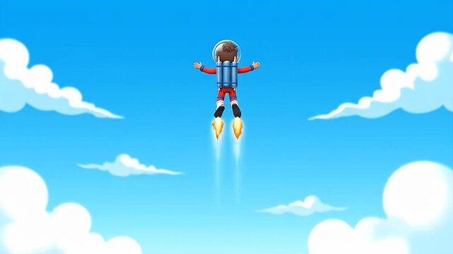 Cartoon boy with jetpack flying through the sky.