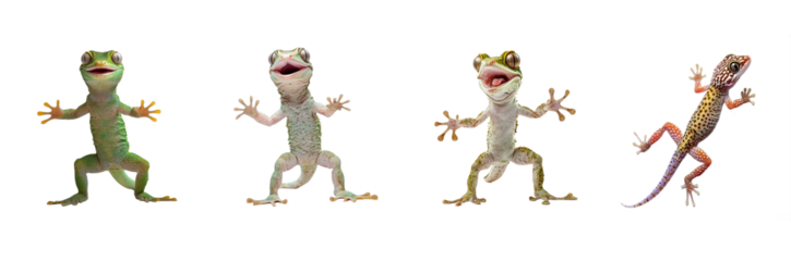 Collection of Gecko displaying A gecko extends its throat flap or tail to communicate or attract a mate. full length isolate on transparent background