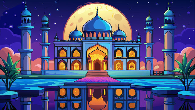 Cartoon taj mahal with moon and water reflection
